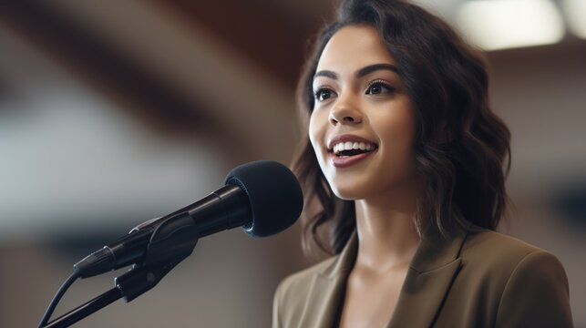 Woman Speaking into Microphone