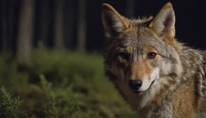 Fototapeta premium closeup of a coyote in the forest at night