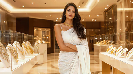 Gorgeous Indian Woman in White Saree Surrounded by Gold Jewelry Displays generative ai