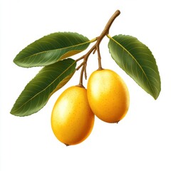 Two ripe yellow fruits surrounded by green leaves, showcasing a vibrant and fresh appearance.