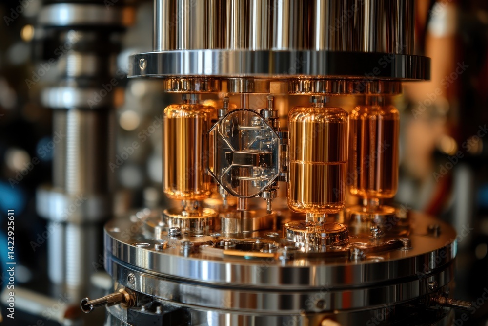 Poster detailed view of quantum computing machine with shiny golden cylinders. it can be used to illustrate