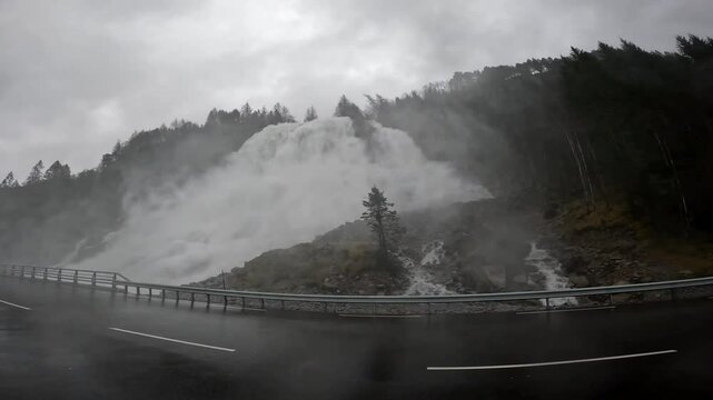 Breathtaking footage of the Furebergfossen waterfall in Mauranger district in Vestland, Norway