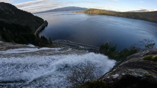 Closeup footage of the Furebergfossen waterfall in Mauranger district in Vestland, Norway at sunset