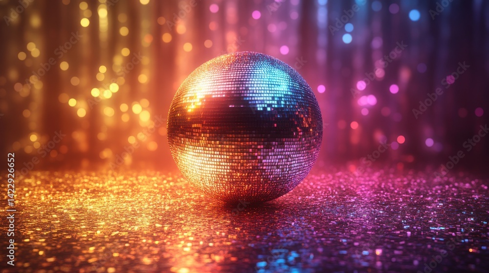 Poster luminescent disco ball projecting a spectrum of vibrant hues - image stock