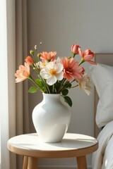 Elegant vase with fresh flowers on a minimalist nightstand, interior design, nightstand, bedroom