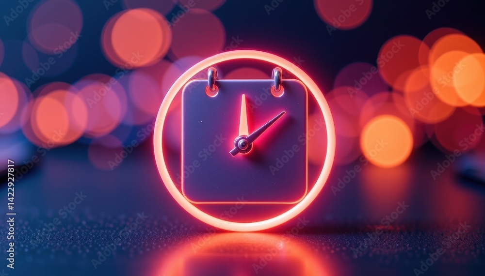 Poster glowing clock with calendar in vibrant bokeh background.