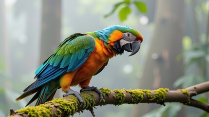 Obraz premium Vibrant parrot perched on a branch in a misty jungle setting.