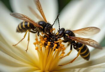 Naklejka premium Wasps Feasting: A Close-Up Macro of Two Wasps on a Flower