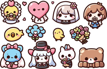 Cute Kawaii Mothers Day Stickers. Adorable Mom Day Elements. Cartoon Illustration