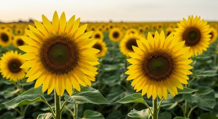 Fototapeta premium Common sunflower (Helianthus annuus) crop in cultivated agricultural field in sunny summer afternoon