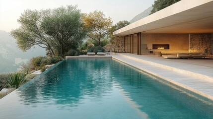Obraz premium peaceful poolside retreat with an empty wooden deck - stock photo