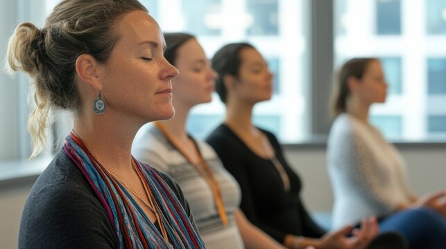 Group of women meditating at workplace during wellness session