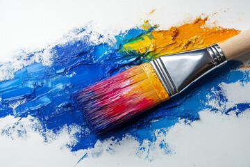 Obraz premium Vibrant paint brush stroke with bright colors on a white background, showcasing creativity