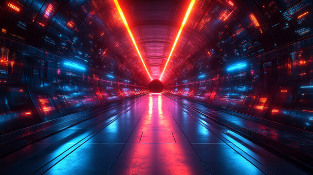 Technology background with two paths running in parallel symbolizing duality in innovation competition and cooperation in digital progress with a red and blue futuristic color scheme

