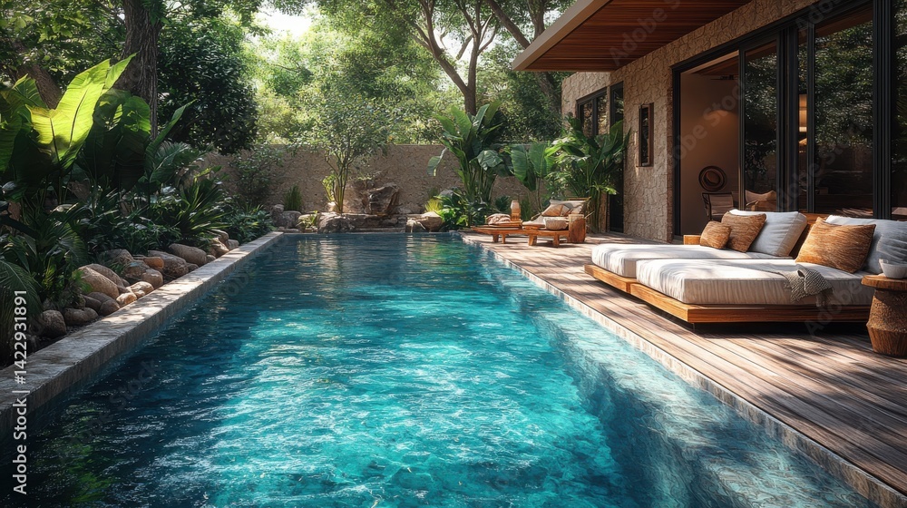Poster quiet poolside scene with an unoccupied deck - image stock