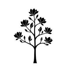 Magnolia Tree Silhouette: A captivating monochrome silhouette of a magnolia tree in full bloom, artfully captured against the light, evoking elegance and minimalist aesthetic.