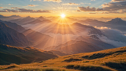 Obraz premium Breathtaking Sunrise Over Mountain Peaks and Clouds Illuminating the Sky with Warm Light