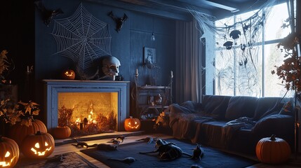 Eerie Halloween decorations create a spooky yet cozy atmosphere in living room