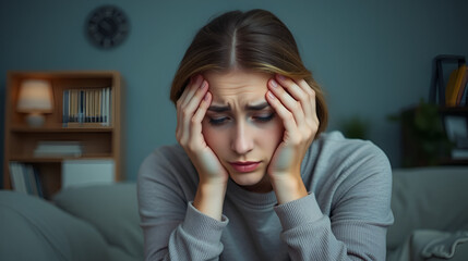 Desperate frustrated woman suffering from depression. Sad girl alone at home. Mental health, anxiety depressive thoughts.