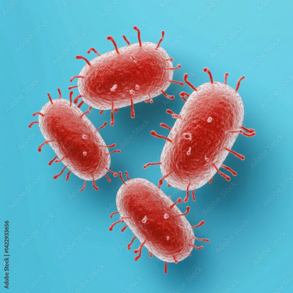 Poster close-up view of red bacteria on blue background, microscopic image of microorganisms, unique struct