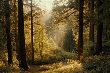 Naklejka premium Mystical forest trees sunlight nature.