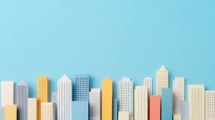 Colorful Paper Cityscape on Blue Background, Featuring Various Building Shapes and Styles, Ideal for Modern Design and Architecture Themes