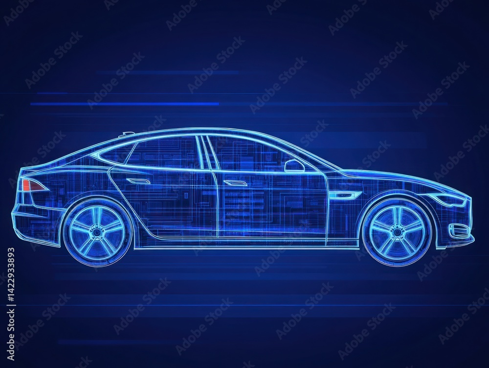 Poster futuristic digital car design in blue color with wireframe visualization and technology elements for