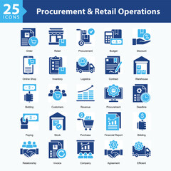 Procurement & Retail Operations is a collection of icons in sheet format representing procurement processes, retail management, and operational efficiency in business transactions.
