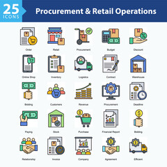 Procurement & Retail Operations is a collection of icons in sheet format representing procurement processes, retail management, and operational efficiency in business transactions.