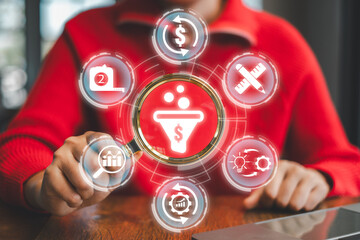 Visual representation of conversion rate optimization with digital icons and analytics, ideal for business and marketing themes.