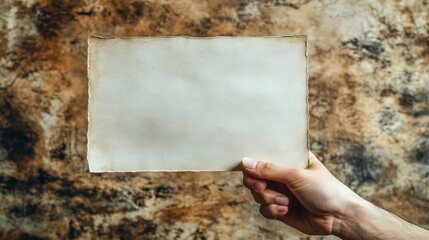 Hand holding an old aged paper against a textured background