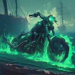 Ghost Rider's spectral motorcycle emerges from the sea, a mystical apparition near ancient ships.