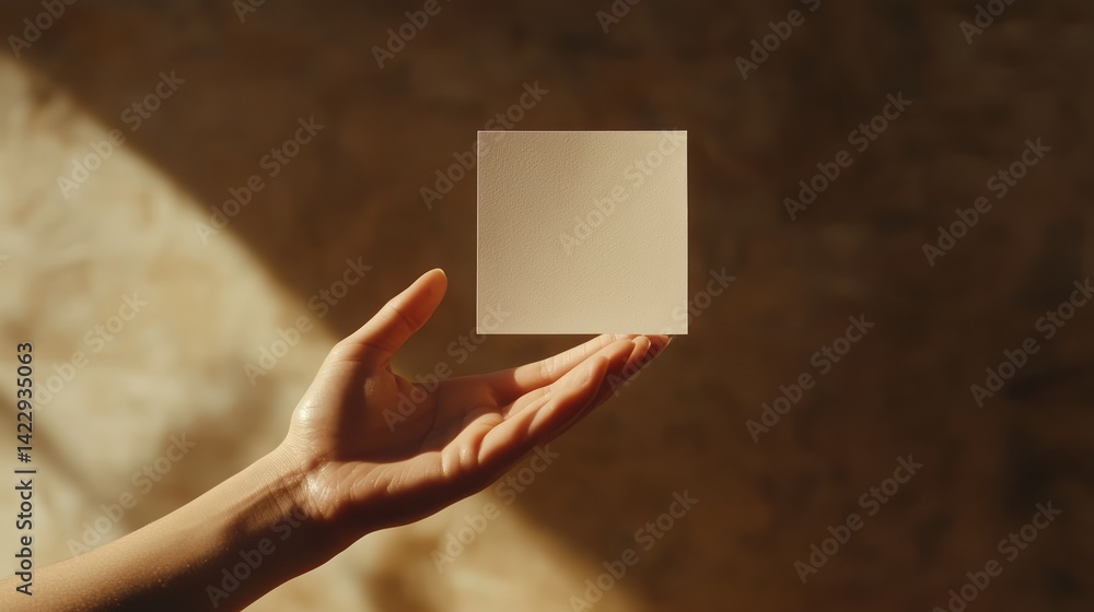 Poster hand is displaying a simple square paper card