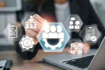 Digital interface showcasing management concepts with business icons, symbolizing modern corporate strategy and innovation.