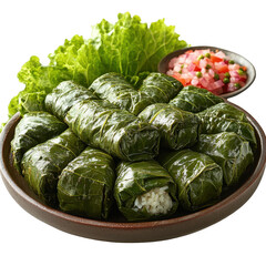 Delicious stuffed grape leaves dolma recipe with rice and fresh salad on transparent background