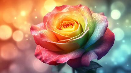 Vivid multicolored rose with green yellow and red petals glows in soft focus against a warm gradient backdrop symbolizing diversity unity transformation and the beauty of unconventional growth

