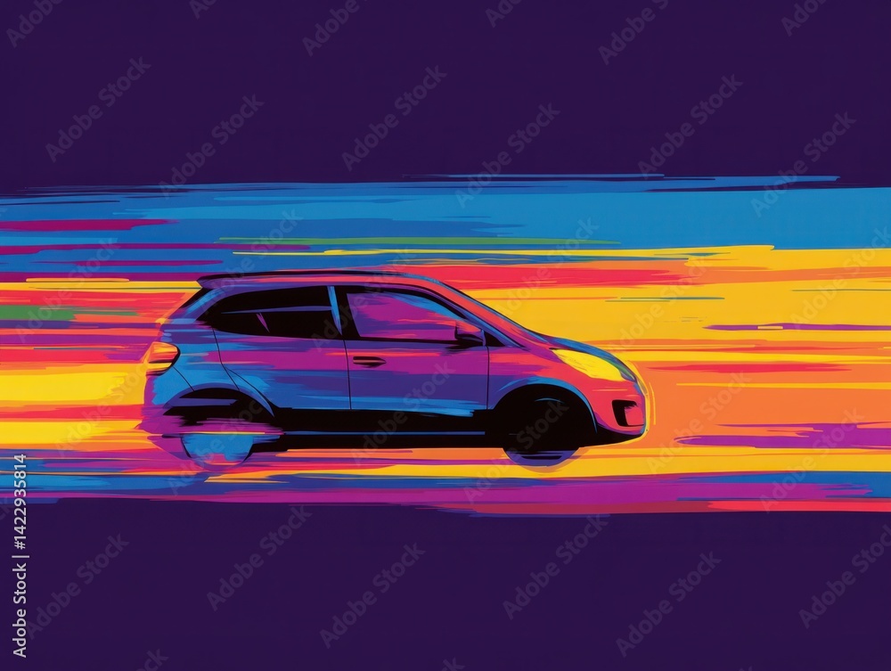 Poster vibrant motion of a compact car against a bright colorful background emphasizing speed and dynamic e