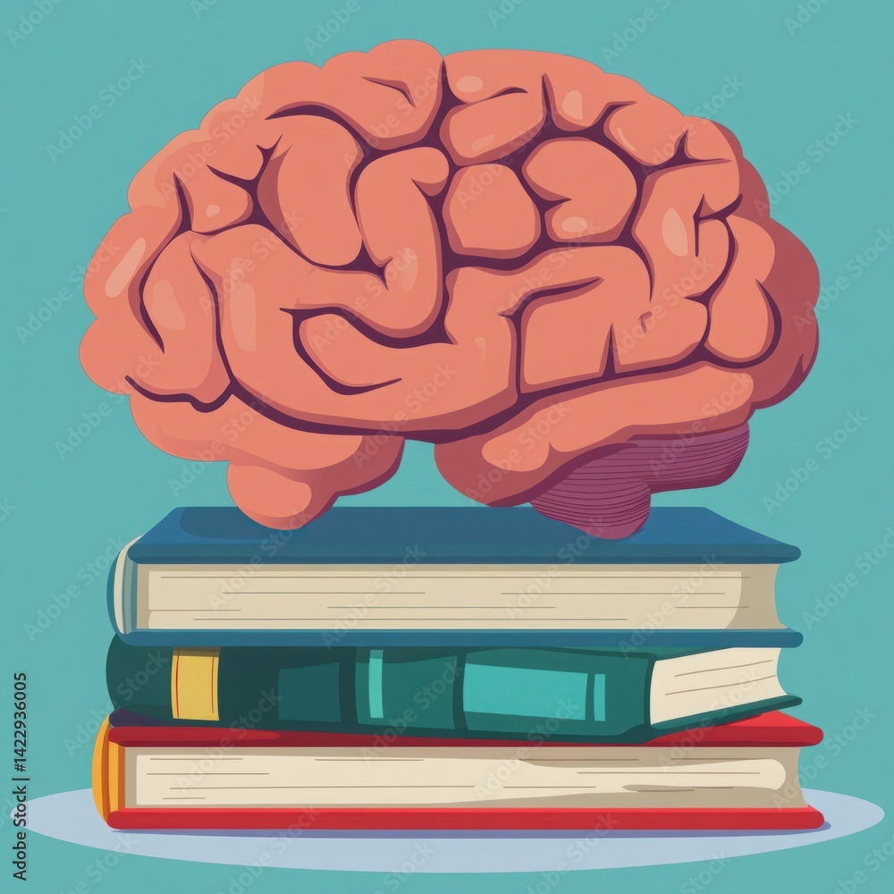 Poster creative illustration of a brain symbolizing knowledge and learning on a stack of books in a bright 