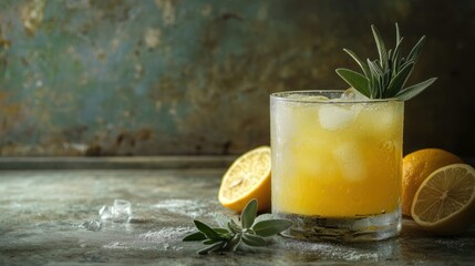 A refreshing beverage, like a freshly squeezed juice, surrounded by clean and natural ingredients in a crisp setting.