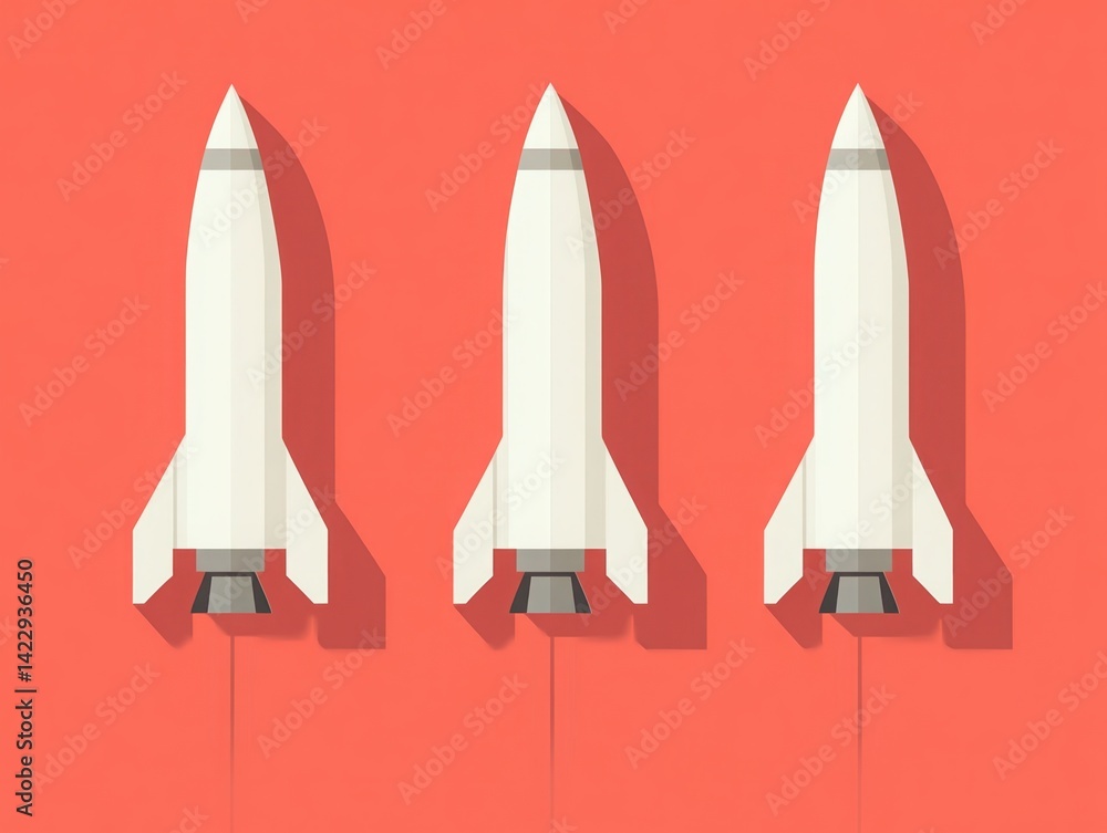 Poster minimalist vector illustration of three rockets launching with a bold red background ideal for space
