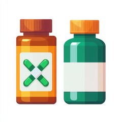 Obraz premium Two Colorful Medicine Bottles with Distinctive Labels and Caps on a Bright Background Ideal for Health and Wellness Themes
