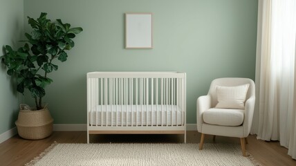 Baby room with soft curtains concept. Nursery with crib, chair, and indoor plant in soft green tones.