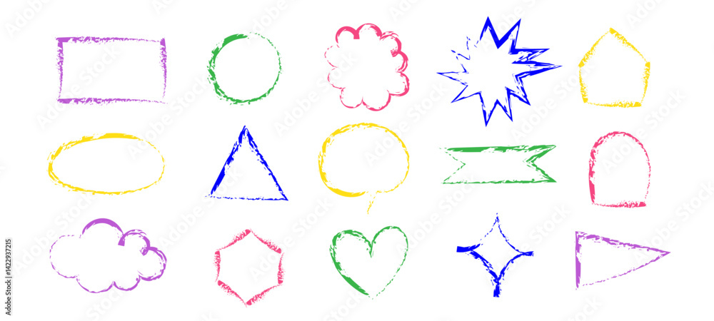 Poster collection of colorful geometry shape and speech bubbles for communication and design, outline eleme