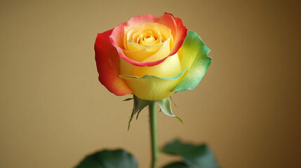 Obraz premium Vivid multicolored rose with green yellow and red petals glows in soft focus against a warm gradient backdrop symbolizing diversity unity transformation and the beauty of unconventional growth