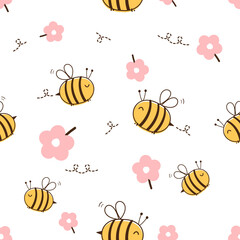 Seamless pattern with bee cartoons and pink flower on white background vector. Cute childish print.