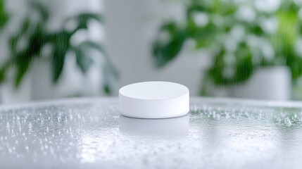 Sleek, white, circular podium on a wet surface, surrounded by greenery