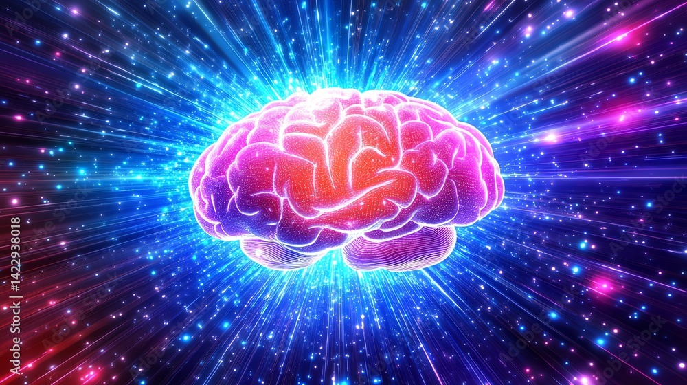 Poster human brain exploding with energy and light
