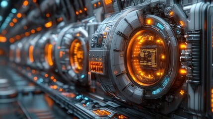 Obraz premium Futuristic Server Room: Glowing Orange Cores