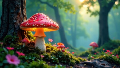 Natural landscape with trees and flowers surrounding a glowing mushroom, decay, plants, balance
