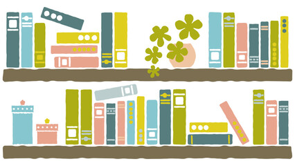 たくさんの本が並んだ本棚｜植物と小物入れ